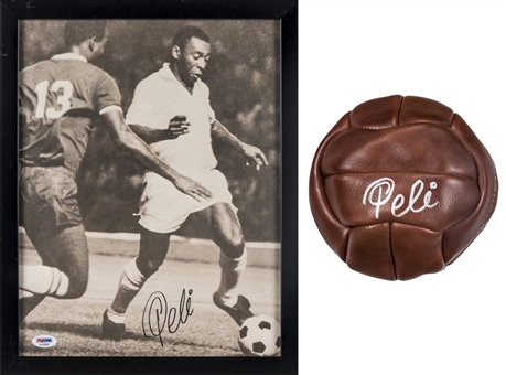 Lot of (2) Pele Signed Old-Style Soccer Ball & Framed 11x14 Photo (PSA/DNA)
